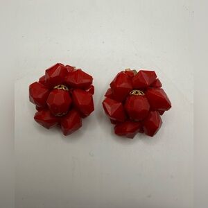 Vintage West Germany Red Faceted Cluster Clip-On Earrings | Mid-Century